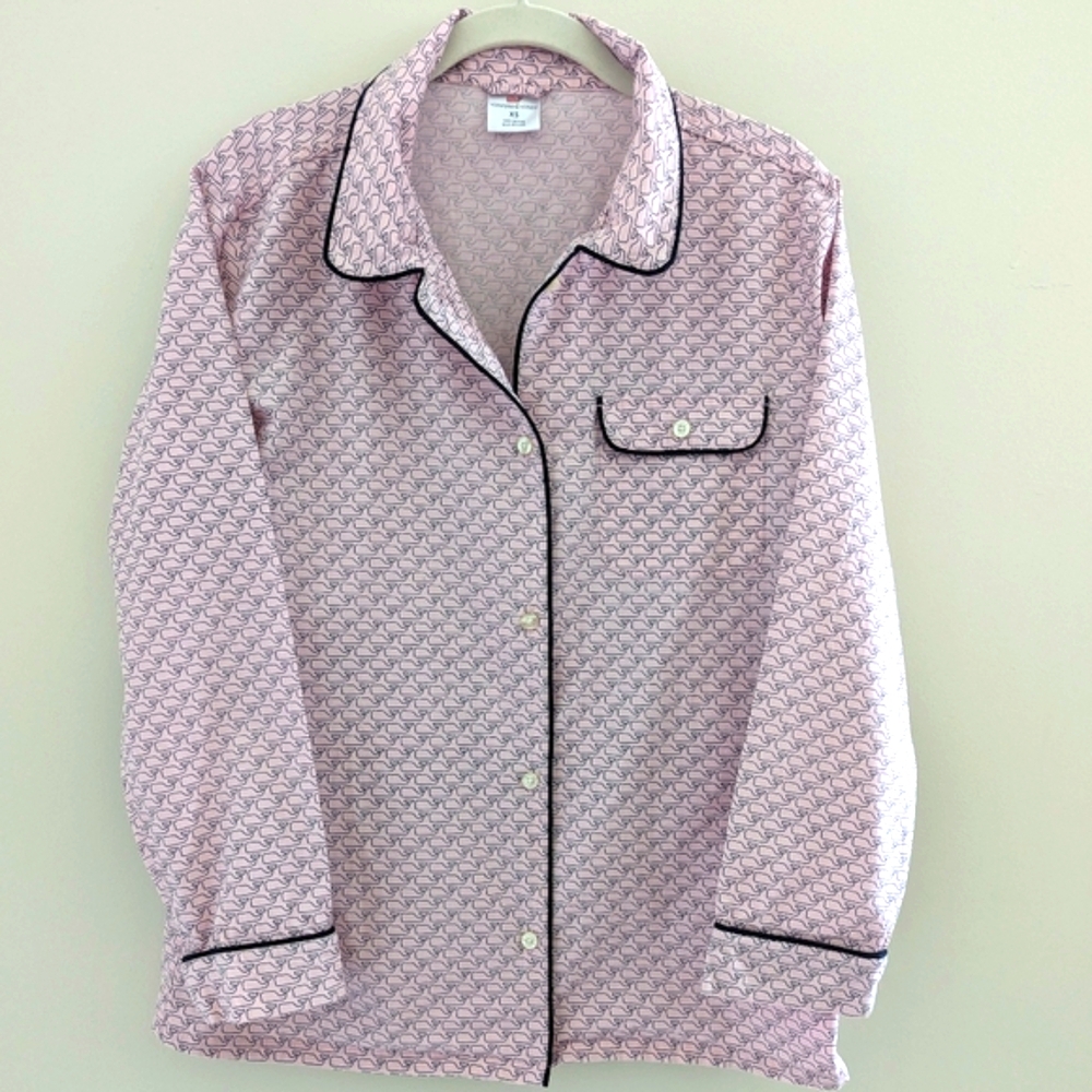 VINEYARD VINES Button Down Sleep Shirt PJ Women XS/ S Logo Whale Print Pink Navy